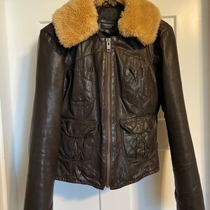 American Eagle Outfitters Dark Brown Leather Jacket with Tan Fur Collar